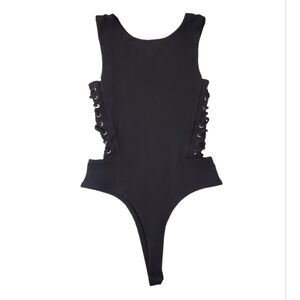 Shinestar Women's Black Side Lace Up‎ Sleeveless Bodysuit Medium